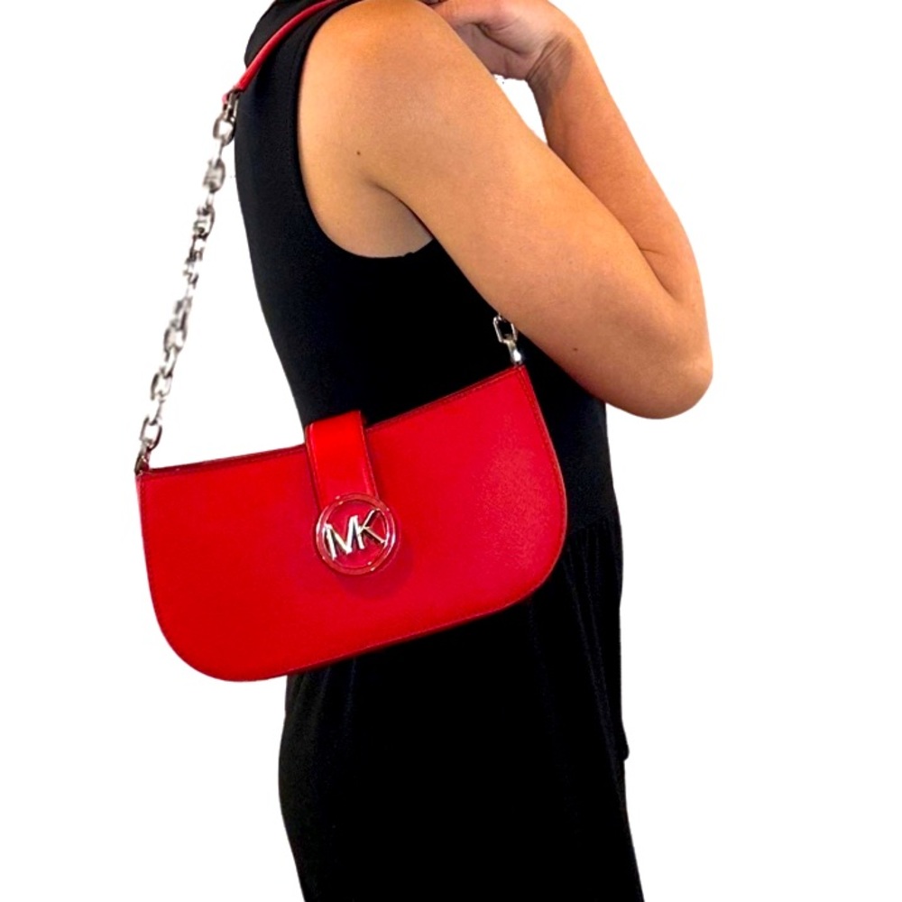 MICHAEL KORS CARMEN SMALL POUCHETTE CHAIN SHOULDER BAG PURSE Bright Red $398 - Picture 5 of 5